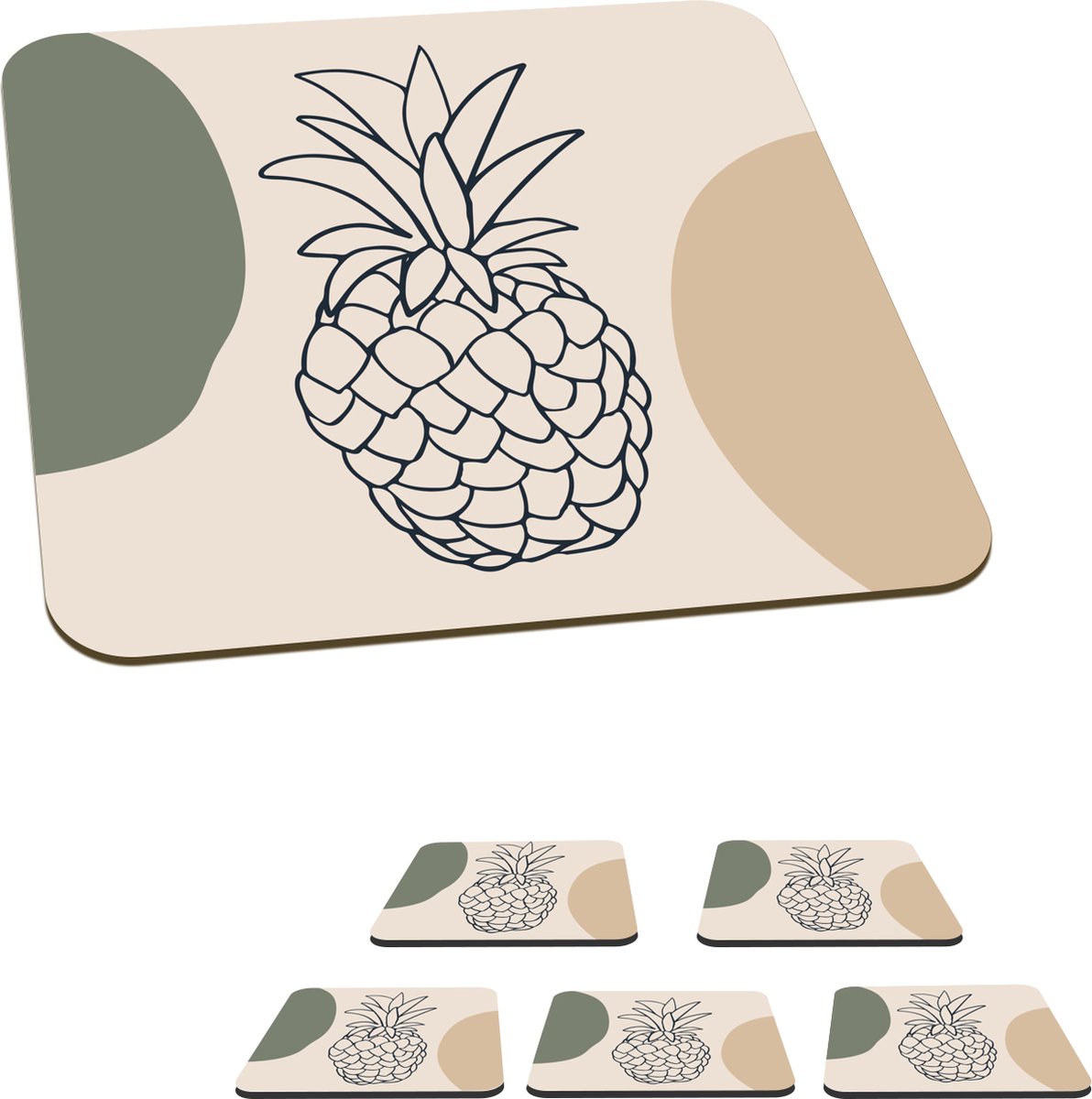 Onderzetters voor glazen - Fruit - Pastel - Ananas - 10x10 cm - Glasonderzetters - 6 stuks