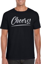 Cheers t-shirt zwart met zilveren glitter tekst heren - Oud en Nieuw / Glitter en Glamour zilver party kleding shirt XL