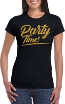 Party time t-shirt zwart met gouden glitter tekst dames  - Glitter en Glamour goud party kleding shirt XS