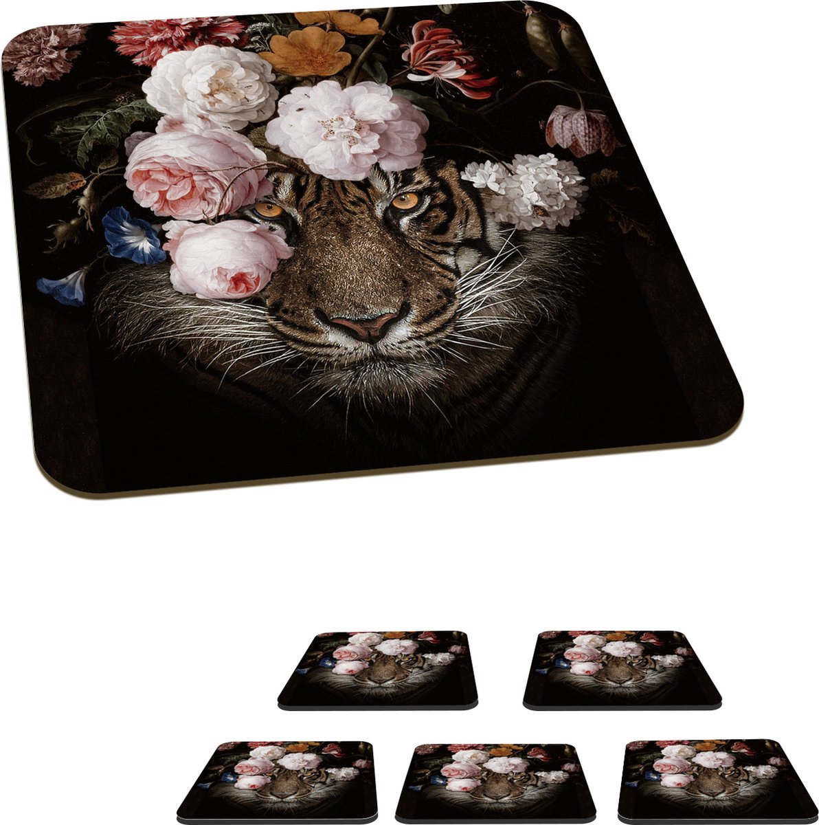 Onderzetters voor glazen - Tijger - Bloemen - Kunst - 10x10 cm - Glasonderzetters - 6 stuks