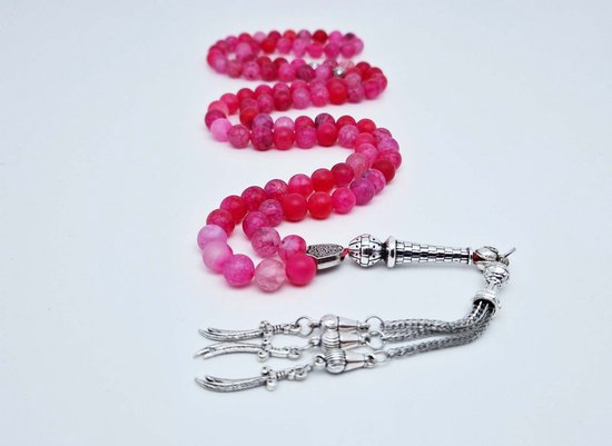 Tasbih 99 Kralen Natuursteen "Banded Agaat Magenta" – Met tassel Metaal -Tasbeeh 8 mm diameter van de korrel - Model9- Een cadeau voor Moederdag en Vaderdag