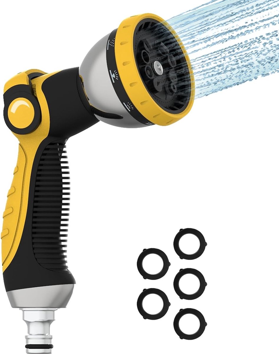 Metalen tuindouche, tuinhanddouche, tuinspuitpistool, 10 spuitpatronen, multifunctionele besproeiingsdouche, hogedrukhandsproeier, verstelbare waterstroom voor bewatering, gazon (geel)