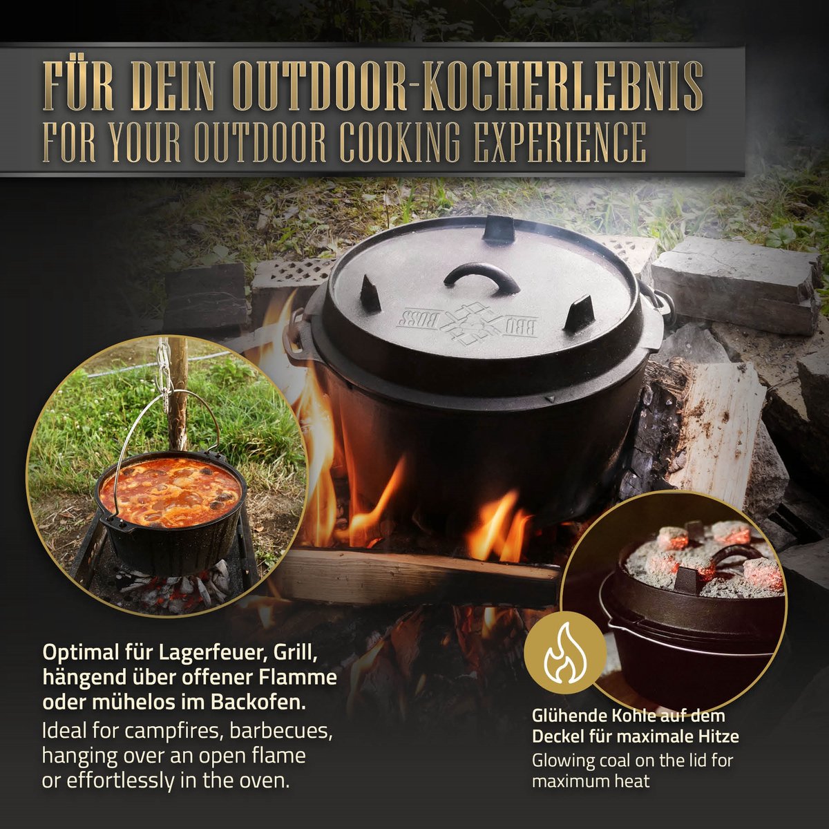 Dutch Oven Set BBQ 4.2L zwart gietijzer met dekselheffer en onderzetter