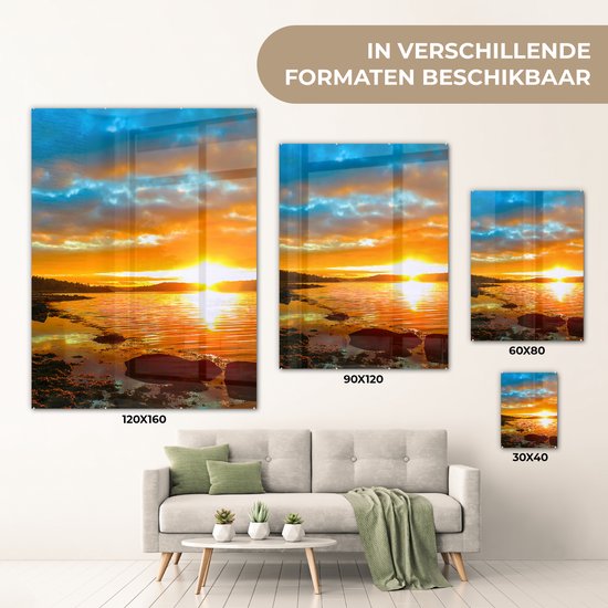 Peinture sur verre - Peinture sur verre - Coucher de soleil - Arbres - Mer - Photo sur verre - Décoration de chambre - Décoration murale nature - Verre acrylique - 60x80 cm - Peintures de salon