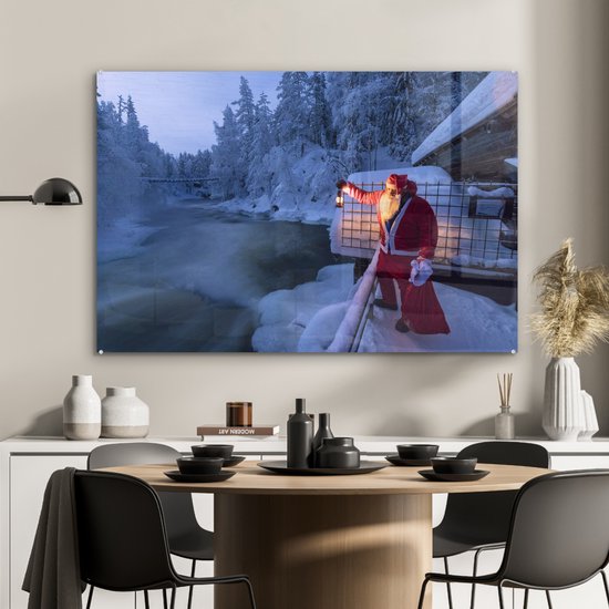 MuchoWow® Peinture sur verre 90x60 cm - Peinture sur verre acrylique - Père Noël avec lanterne dans des rapides froids dans le parc national finlandais d'Oulanka - Photo sur verre - Peintures