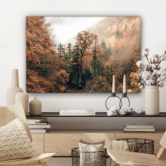 Peinture sur toile 180x120 cm - Décoration murale Nature - Forêt - Brouillard - Automne - Décoration murale salon - Décoration chambre - Accessoires de chambre - Peintures