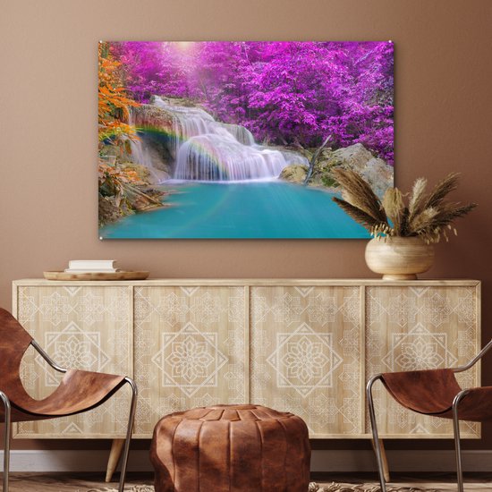 MuchoWow® Peinture sur verre 120x80 cm - Peinture sur verre acrylique - Cascade - Arbres - Arc-en-ciel - Violet - Photo sur verre - Peintures