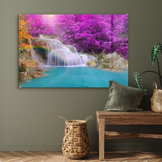 MuchoWow® Peinture sur verre 120x80 cm - Peinture sur verre acrylique - Cascade - Arbres - Arc-en-ciel - Violet - Photo sur verre - Peintures