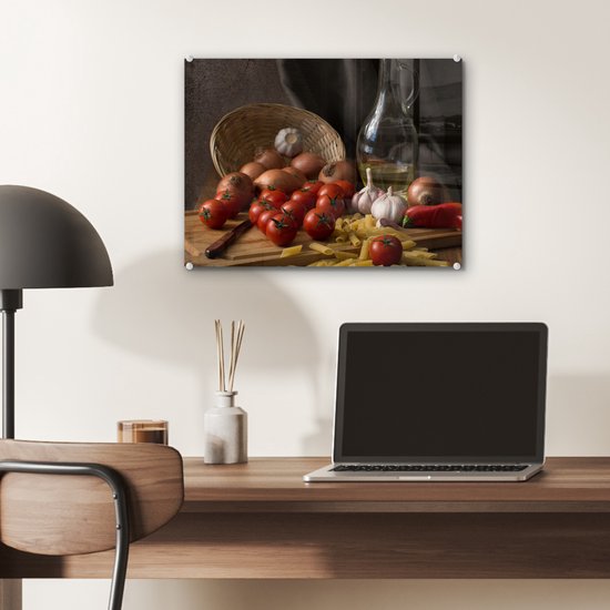 MuchoWow® Tableau sur verre 40x30 cm - Tableau sur verre acrylique - Planche à découper - Légume - Nature morte - Pâtes - Oignon - Tomate - Planche à découper - Photo sur verre - Décoration murale salon - Décoration murale chambre - Peintures