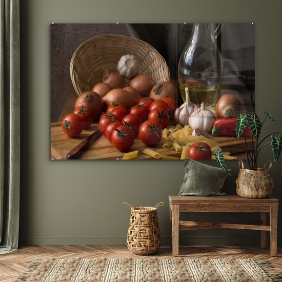 MuchoWow® Peinture sur verre 150x100 cm - Peinture sur verre acrylique - Planche à découper - Légumes - Nature morte - Pâtes - Off - Tomate - Planche à découper - Photo sur verre - Peintures
