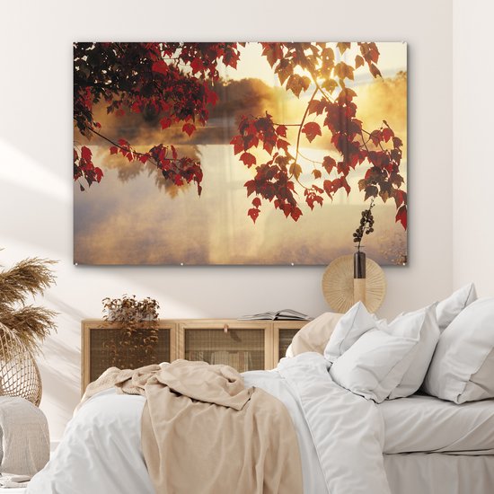 MuchoWow® Peinture sur verre - Feuilles - Soleil - Automne - 180x120 cm - Peintures sur verre acrylique - Photo sur Glas
