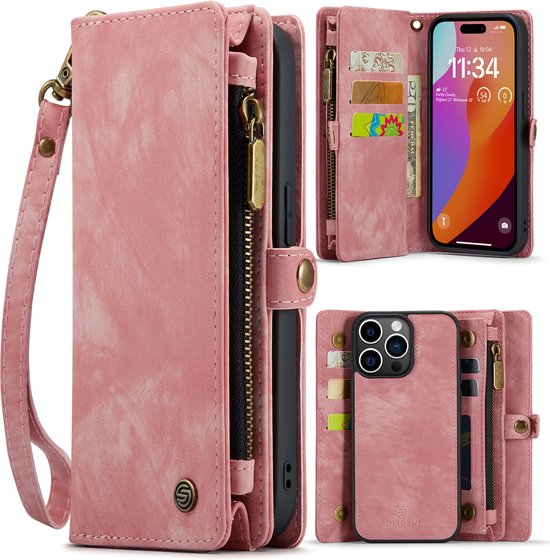 Geschikt Voor iPhone 14 Pro Max Hoesje - Solidenz Wallet Case - Telefoonhoesje 14 Pro Max - 14 Pro Max Case Met Pasjeshouder - Met Ritsvak - Met Polskoord - Portemonee Hoes - 2 in 1 Hoes - Uitneembare Backcover - Roze