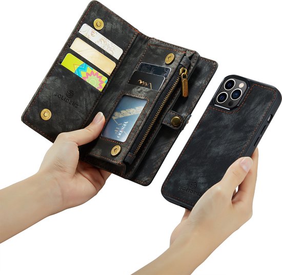 Zwart portemonneehoesje geopend met telefoonhoes, pasjesvakken en ritssluiting.