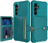 Portemonnee Hoesje Geschikt voor Samsung Galaxy S23 FE - Back Cover met Pasjeshouder - Telefoonhoesje voor Pinpas - Kaarthouder op Achterkant - Case met Magneet voor Auto Houder Groen Blauw