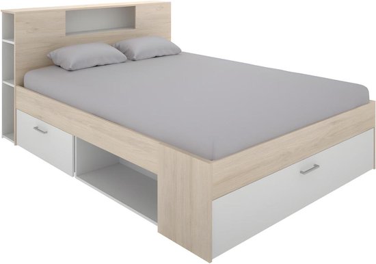 Bed met hoofdeinde, opbergruimte en lades - 140 x 190 cm - Wit en naturel - LEANDRE L 218.5 cm x H 95 cm x D 149.6 cm
