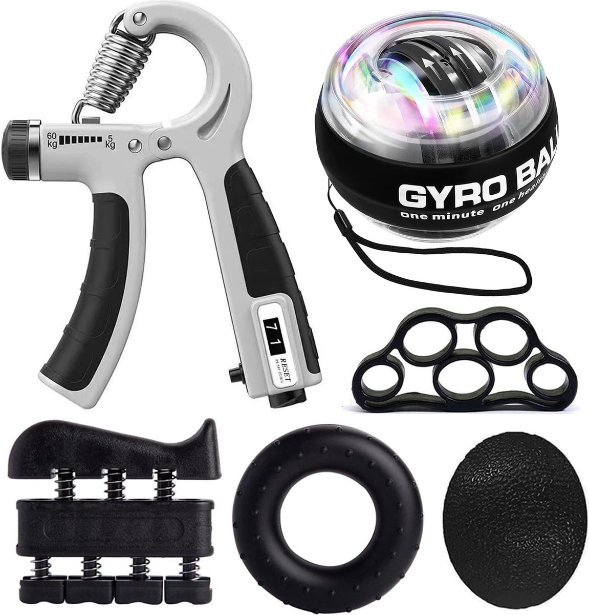 Grip-krachttrainer, vingertrainer, vingertrainer, vingertrainer, handtrainingsapparaat, onderarmtrainer, vingertrainer, trainingsring & stressverminderende gripbal