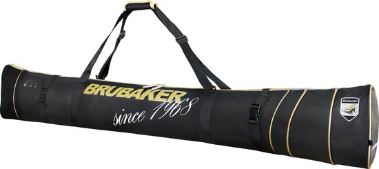Sac de ski noir avec texte doré 'BRUBAKER since 1968', bretelles et logo de ski.