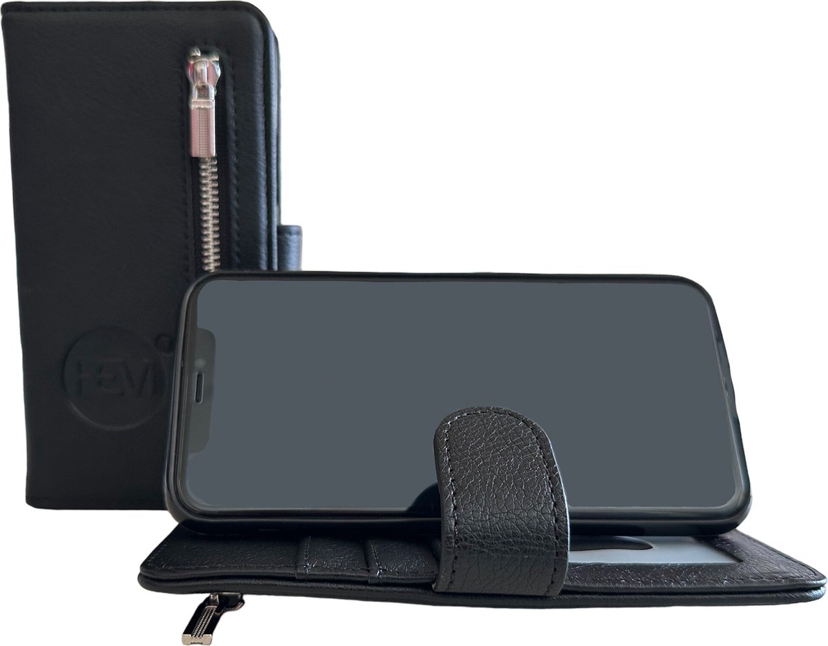HEM Lederlook Hoesje Geschikt Voor Samsung Galaxy S20 Ultra – Antique Black (Zwart) Wallet Bookcase Met Rits En Beschermende TPU Binnenkant