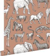 ESTAhome behang jungle dieren terracotta - 139512 - 53 cm x 10,05 m