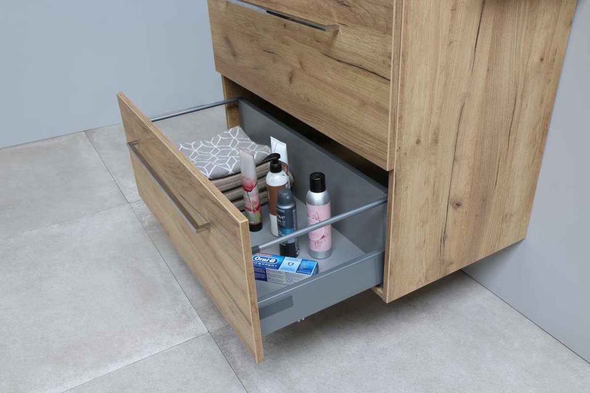 Basic Premium 39 badmeubelset met spiegelkast met geïntegreerde LED verlichting, wastafelonderkast met grepen, 2 lades en acryl wastafel met 1