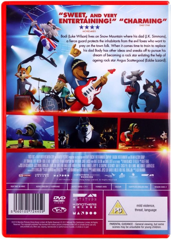 De achterkant van de Rock Dog DVD toont de personages. Een hond met gitaar staat vooraan.