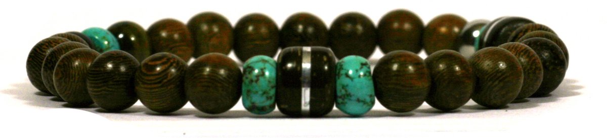 IbizaMen - heren armband - robles hout 8mm - turkoois - coconut kraal - 21cm