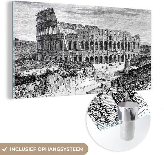 MuchoWow® Glasschilderij 160x80 cm - Schilderij acrylglas - Zwart-wit illustratie van het Colosseum in Rome - Foto op glas - Schilderijen