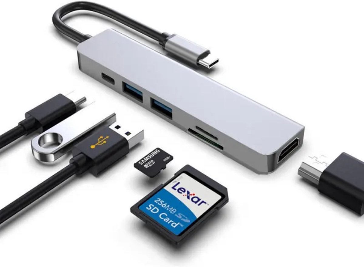 6 in 1 Aluminium USB Type C Hub - 4K HDMI Adapter - USB 3.0 - USB C PD - SD / Micro SD Cardreader - Merkloos