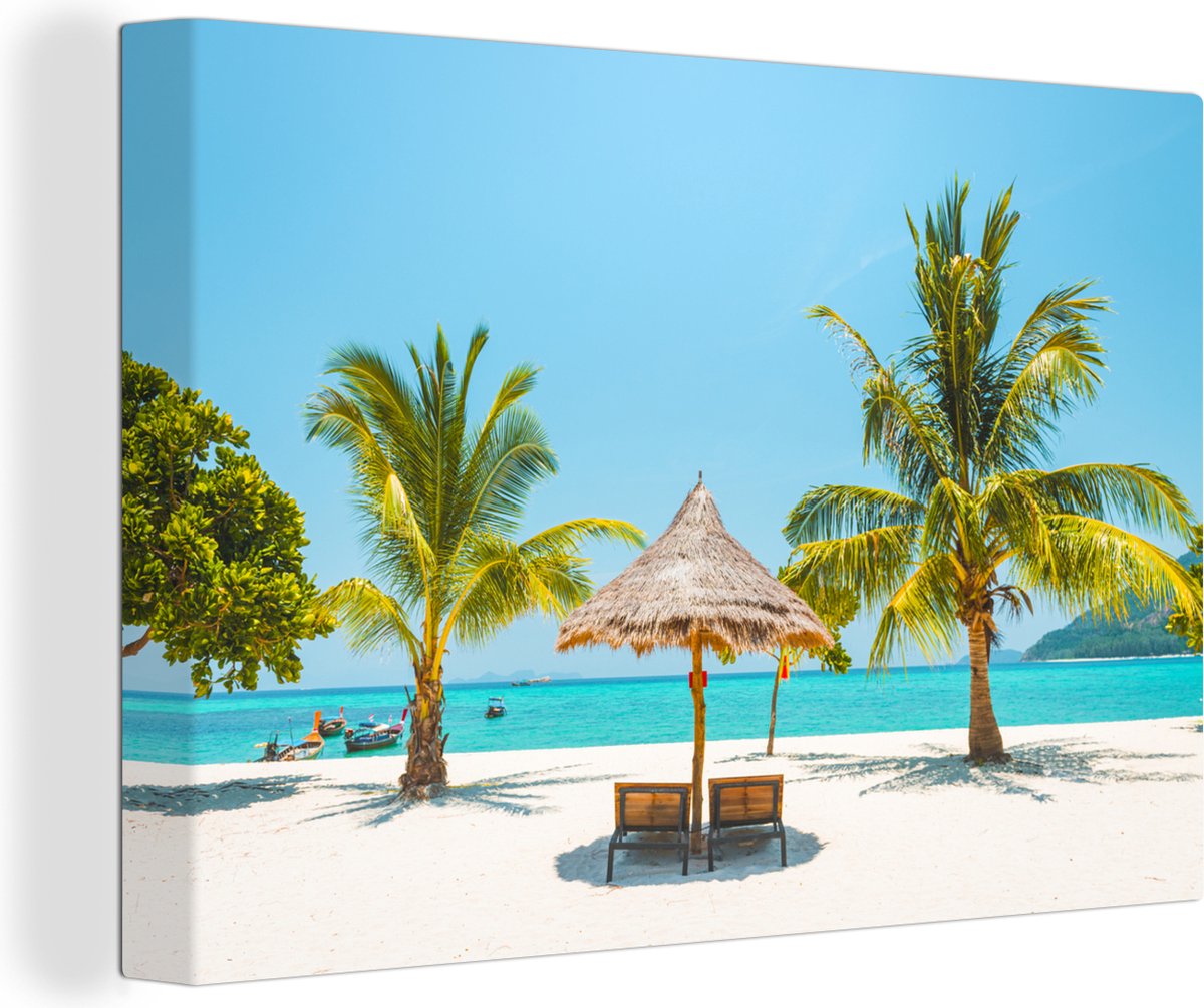 Canvas schilderij 150x100 cm - Wanddecoratie Strand - Parasol - Palmboom - Muurdecoratie w
