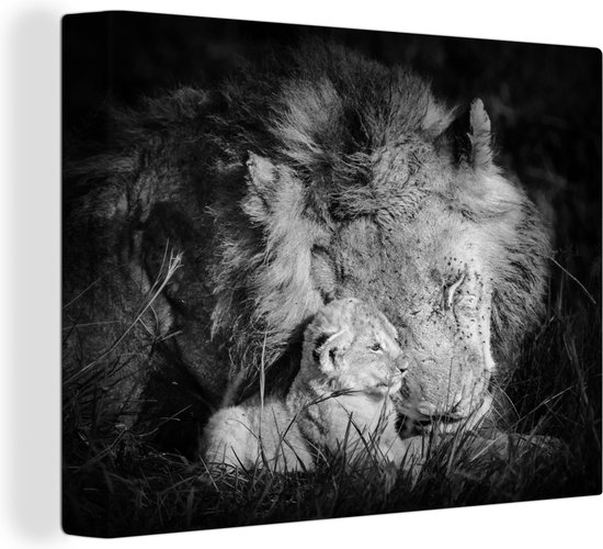 Canvas Schilderij Dierenprofiel leeuw met jong in zwart-wit - 120x90 cm - Wanddecoratie
