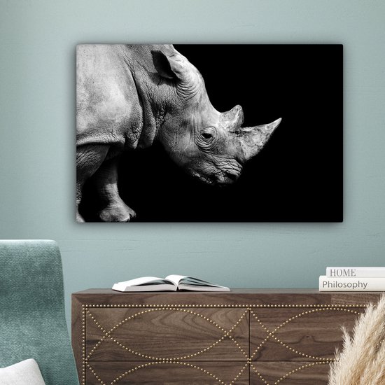 Peintures sur toile - Portrait photo rhinocéros sur fond noir en noir et blanc - 60x40 cm - Décoration murale