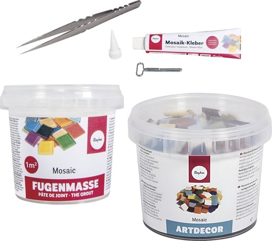 Seau de pierres mosaïque 2 cm - carré - mélange de couleurs assorties - 325x pièces - avec colle et coulis