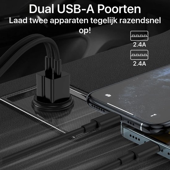 Autolader USB 2 Poorten - Auto Oplader USB - Auto Lader - Sigarettenaansteker USB oplader auto - Zeer compact - 2.4A - Universeel - Zwart - Phreeze