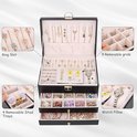 Sieradendoos, sieradenorganizer met lade, leren opbergdoos met slot in 2 niveaus, opbergdoos voor sieraden voor kettingen, oorbellen, armbanden en ringen, roze