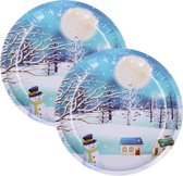 Kerst borden - 2x st - 26 cm - metaal - blauw met sneeuwpop - kerstservies kerst bordjes
