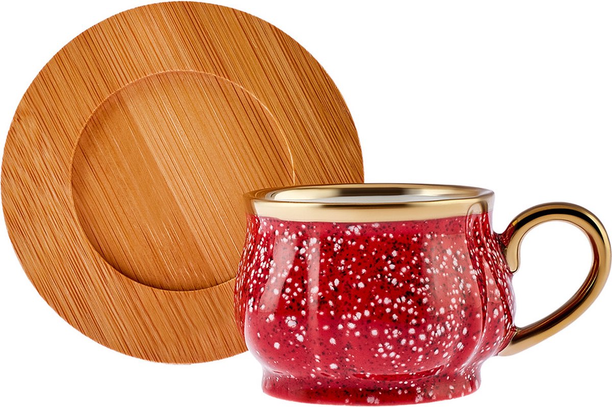 Karaca Bamba - Rode koffiekopjesset - 6 Persoons met Bamboe Dienblad - 90 ml