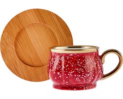 Karaca Bamba - Rode koffiekopjesset - 6 Persoons met Bamboe Dienblad - 90 ml