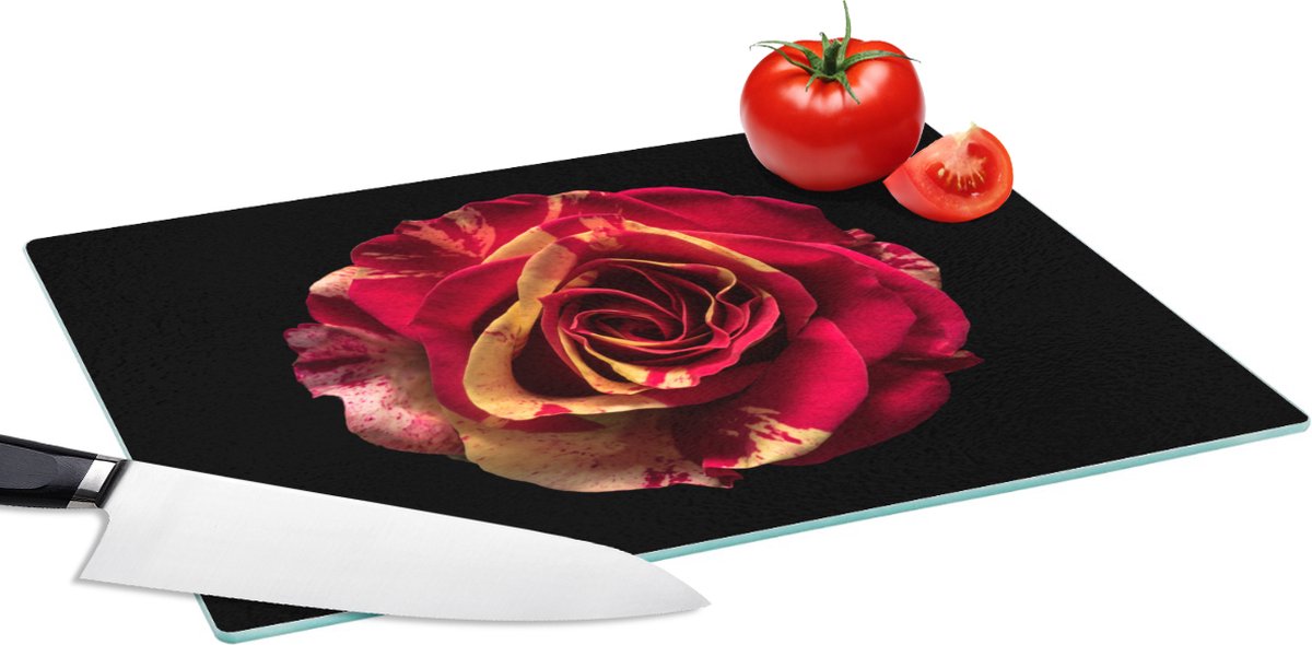 Glazen Snijplank - 39x28 - Bloem - Roos - Rood - Zwart - Snijplanken Glas