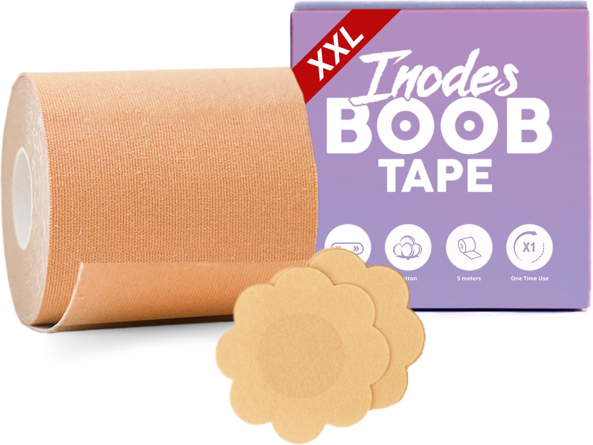 Inodes Boob Tape - XXL - voor Grote borsten - 5 Meter Sandy Boobtape + 2 Nipple Covers - 7,5 cm breed - Plak BH met Tepelcovers - Inodes
