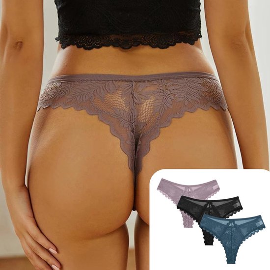 3 Pack - Sexy Brazilian Dames String - Kant - en Zwart - Dames Lingerie / Ondergoed Set