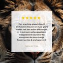 Een close-up van een leeuw, met een review in het midden. De titel is 'Een prachtig glasschilderij!'.