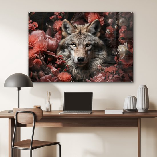 MuchoWow® Peinture sur verre 120x80 cm - Peinture sur verre - Loup - Animal - Fleurs - Botanique - Nature - Fantastique - Photo sur verre acrylique - Peintures