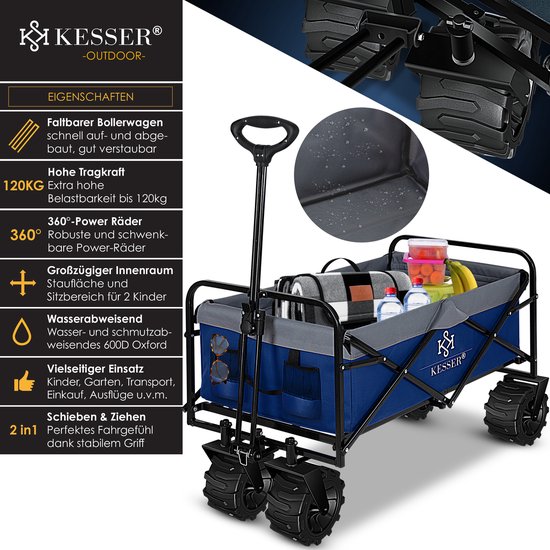 KESSER® Bolderkar opvouwbaar Bolderwagen tot 120 kg draagvermogen - Strandkar Transportkar - Blauw / Grijs van KESSER — afbeelding 4