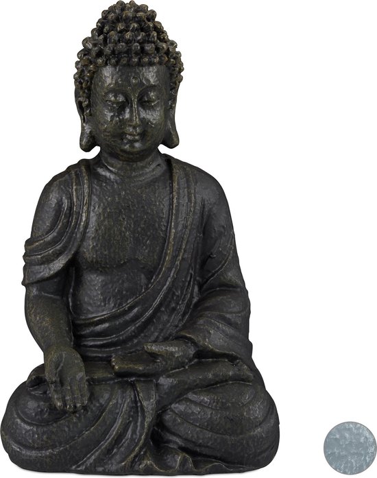 Relaxdays boeddhabeeld - 18 cm hoog - klein beeld boeddha - vochtbestendig - kunststeen - donkergrijs