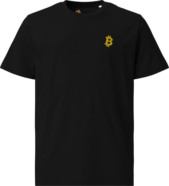 T-shirt Bitcoin avec logo Bitcoin brodé doré - Unisexe - 100% Katoen biologique - Zwart - Taille L | Cadeau Bitcoin| cadeau crypto|
