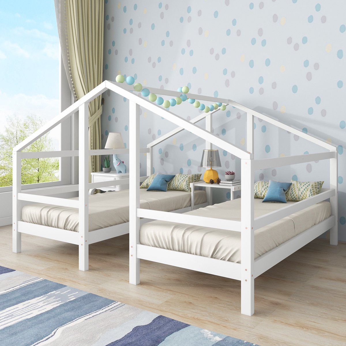 Huisbed voor 2 kinderen - twee eenpersoonsbedden onder één dak - ontwerp huisbed met nachtkastje en lattenbodem met valbeveiliging - jeugdbed 90 X 200 - wit