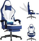 Gaming stoel, ergonomische gamingstoel met voetensteunen, pc-stoel met hoofdsteun en lendenkussen, 360 graden draaibaar, in hoogte verstelbare stof, gamingstoel, blauw