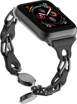 MNCdigi - Metaal en leren ketting band - Zwart - Geschikt voor Apple Watch 38mm - 40mm - 41mm - Smartwatchbandje met magnetische sluiting voor dames/meisjes - Voor iWatch Series 9/8/7/6/SE/5/4/3/2/1 kleine modellen