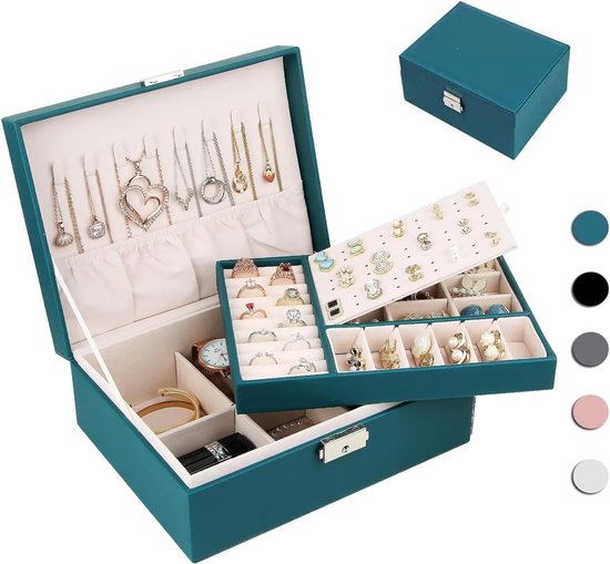 Sieraden Organizer Box voor dames en meisjes, 2-laags grote sieraden opbergdoos voor kettingen ringen oorbellen armbanden (groen)