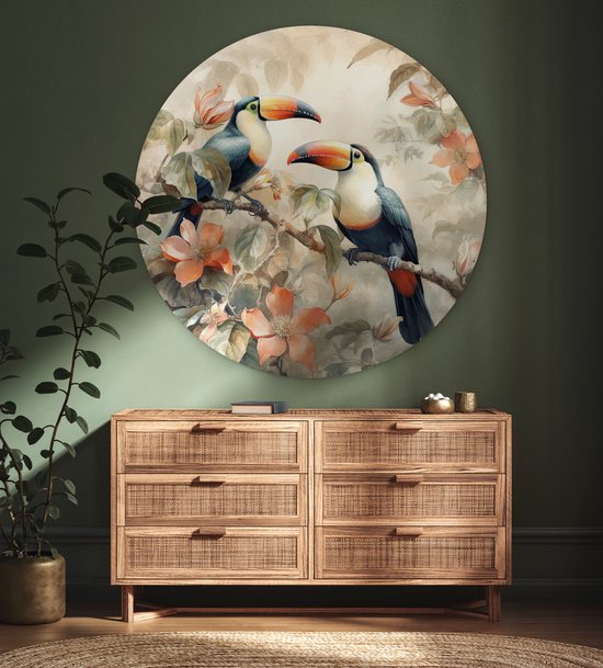 WallCircle - Wandcirkel 120x120 - Toekan - Vogels - Bloemen - Tak - Ronde schilderijen woonkamer - Wandbord rond - Muurdecoratie cirkel - Kamer decoratie binnen - Wanddecoratie muurcirkel - Woonaccessoires XXL